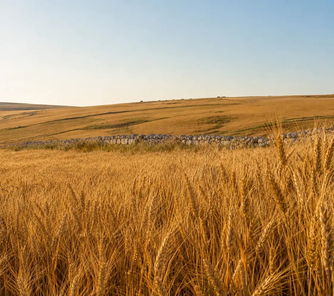 Campo di grano duro sulla Murgia al tramonto